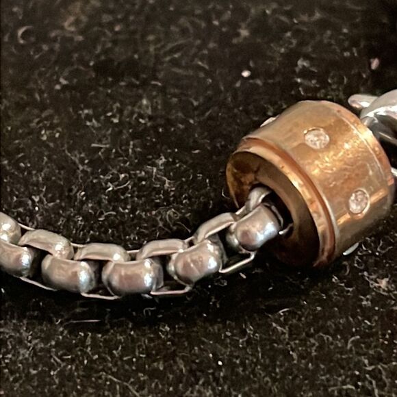 Stainless steel double box chain bracelet w/3- tricolor rings w/crystal accents - Picture 5 of 13